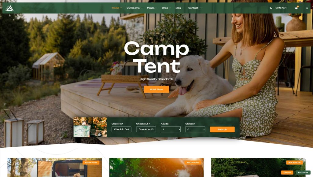 Visual of Camping, one of the best single property WordPress themes with easy accommodation management.