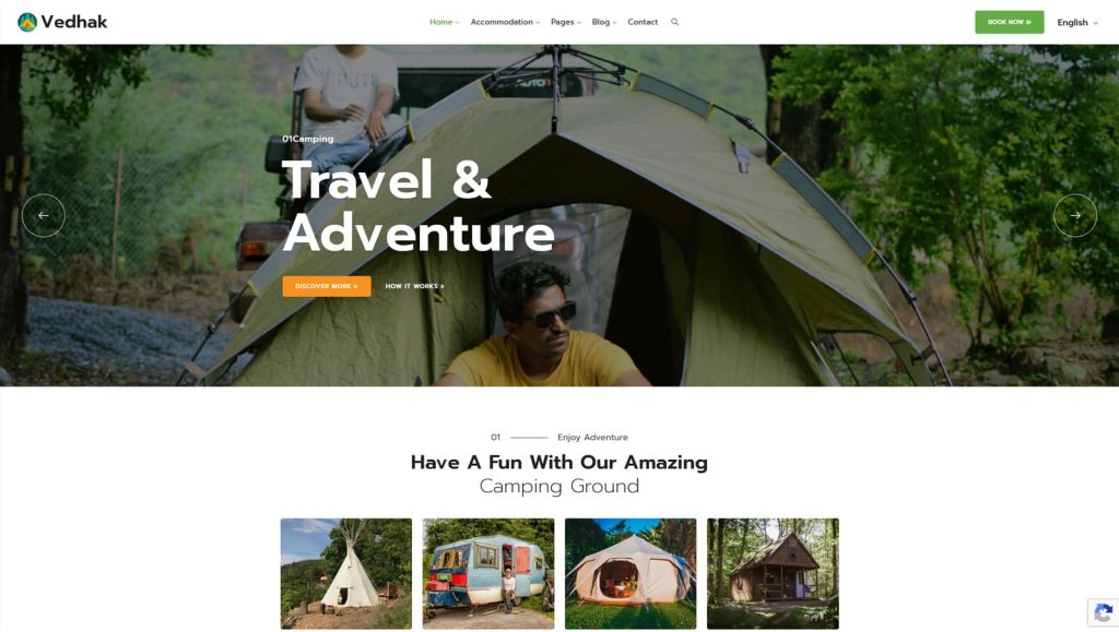 Illustration of Vedhak, a modern website design for campsites with an integrated BRW rental booking plugin.