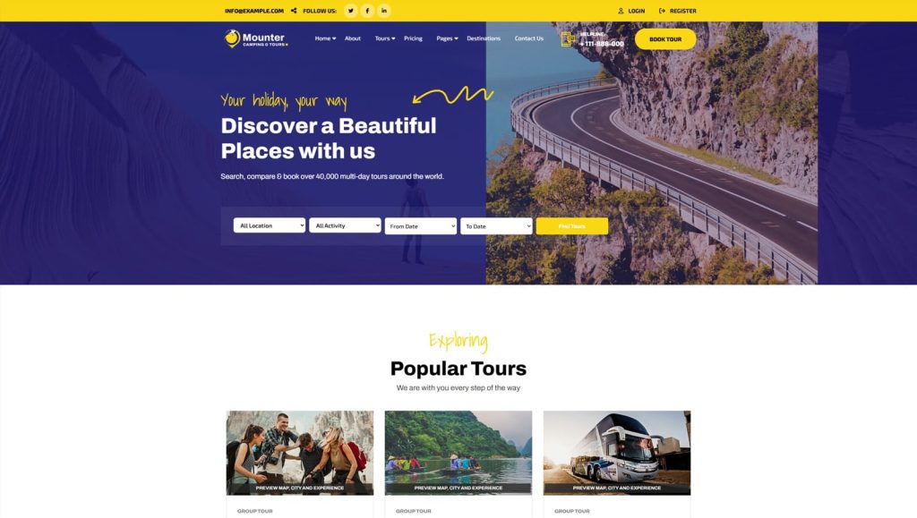 Representation of Mounter, a flexible WordPress theme for glamping with an integrated tour search system powered by the WPTravelly plugin.