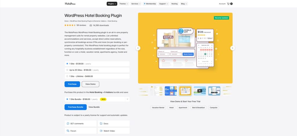 Picture of MotoPress Hotel Booking, one of the best WordPress hotel booking plugins with real-time accommodation availability calendars.