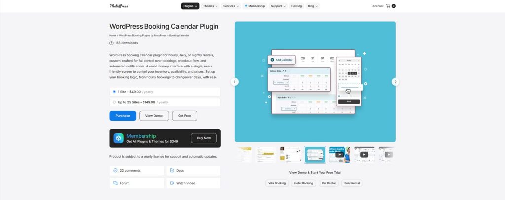 Graphic of MotoPress Booking Calendar, a reliable booking plugin for WordPress with bulk accommodation & rate management.