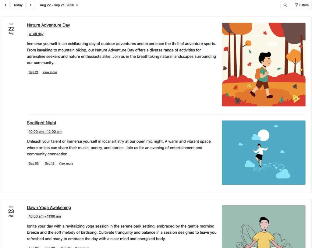 Screenshot of the WordPress events list in the MotoPress plugin.