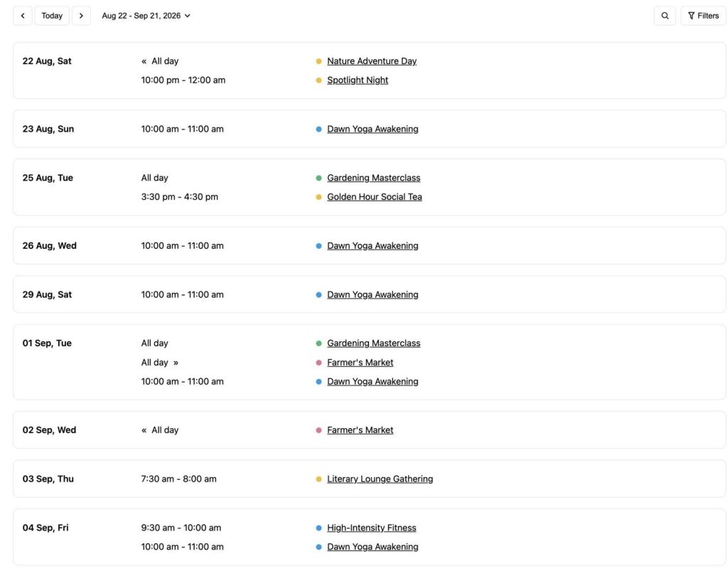 Screenshot of the WordPress events schedule block in the MotoPress plugin.