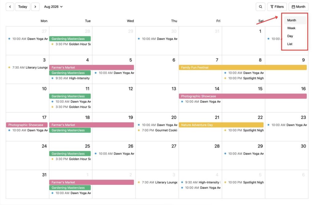 Screenshot of the month calendar view in MotoPress Events Calendar