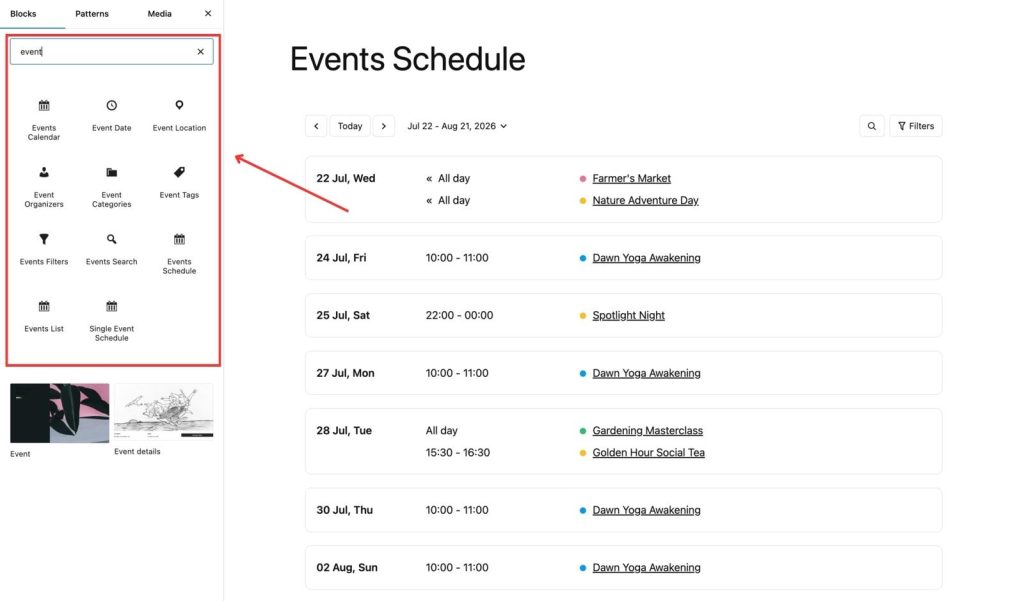 Screenshot of the MotoPress events calendar gutenberg blocks.