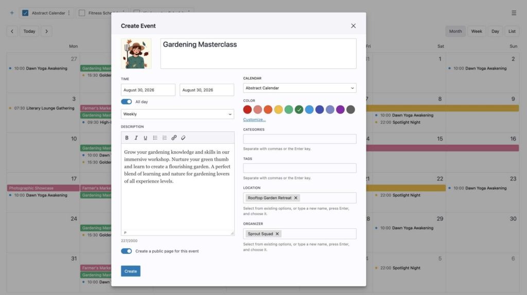Screenshot of the events details settings.