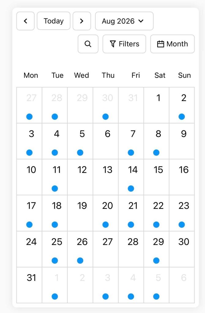Screenshot of the mobile view in the MotoPress Evemts Calendar.
