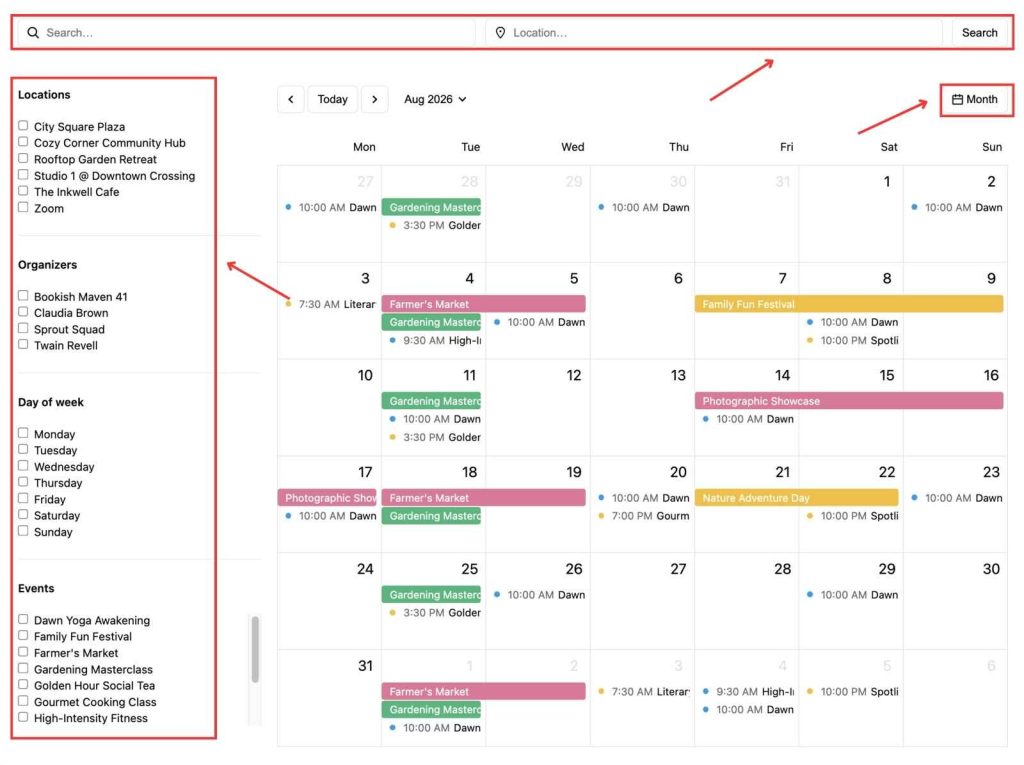 Screenshot of the user experience in the MotoPress Events Calendar demo for WordPress.