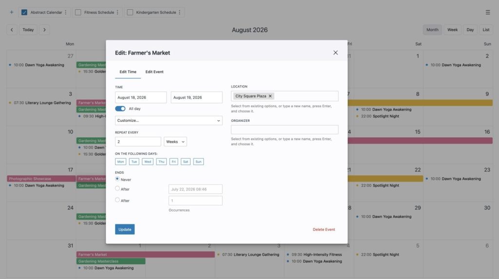 Screenshot of the recurring events settings.