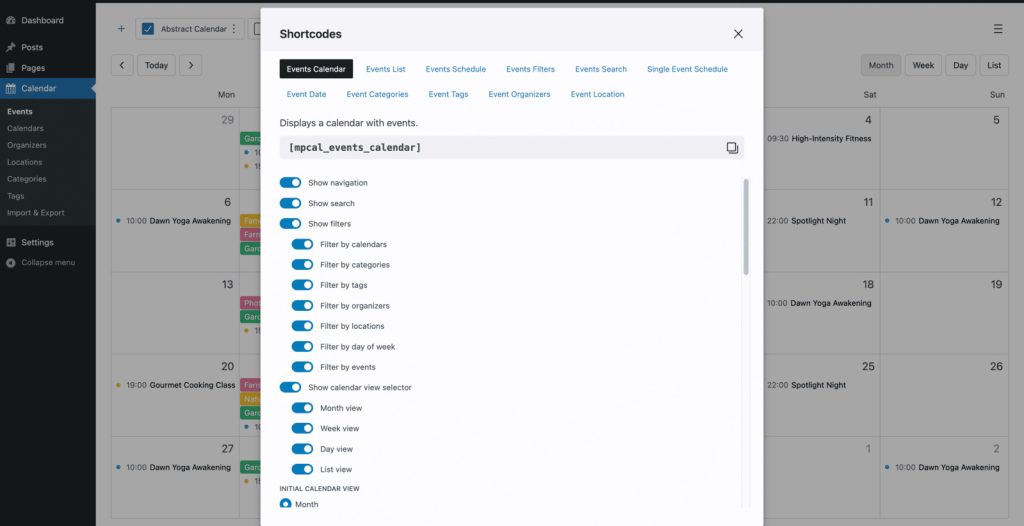 Screenshot of the MotoPress events calendar wordpress shortcode builder.
