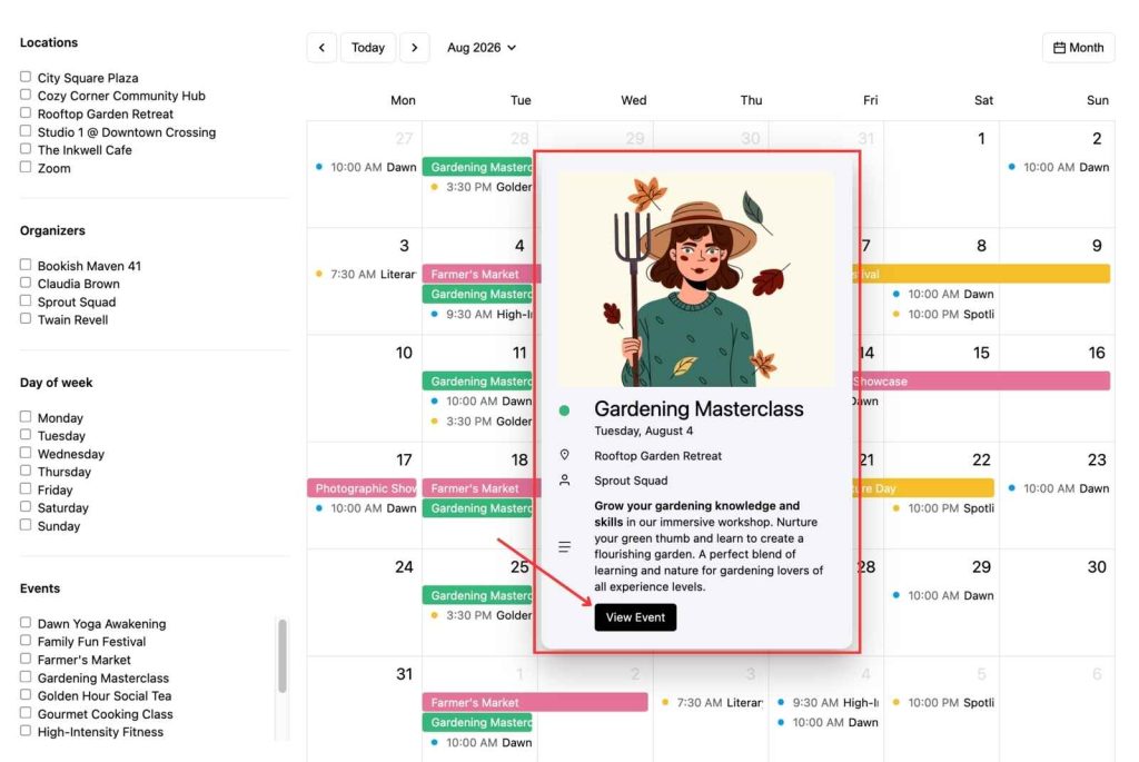 Screenshot of the view event details menu of the MotoPress Events Calendar WordPress plugin.