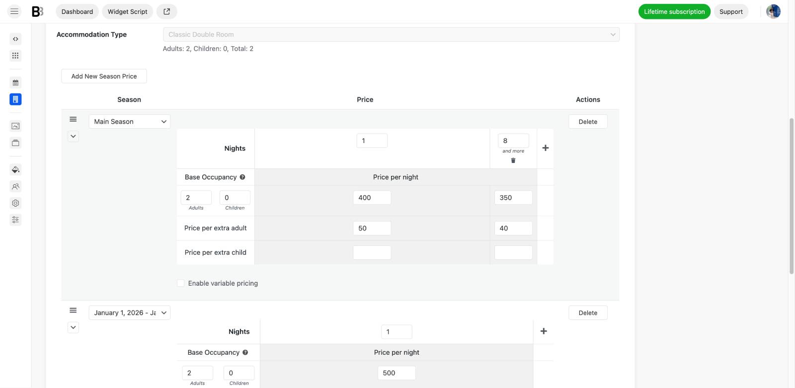 Seasons and rates in BNBForms.