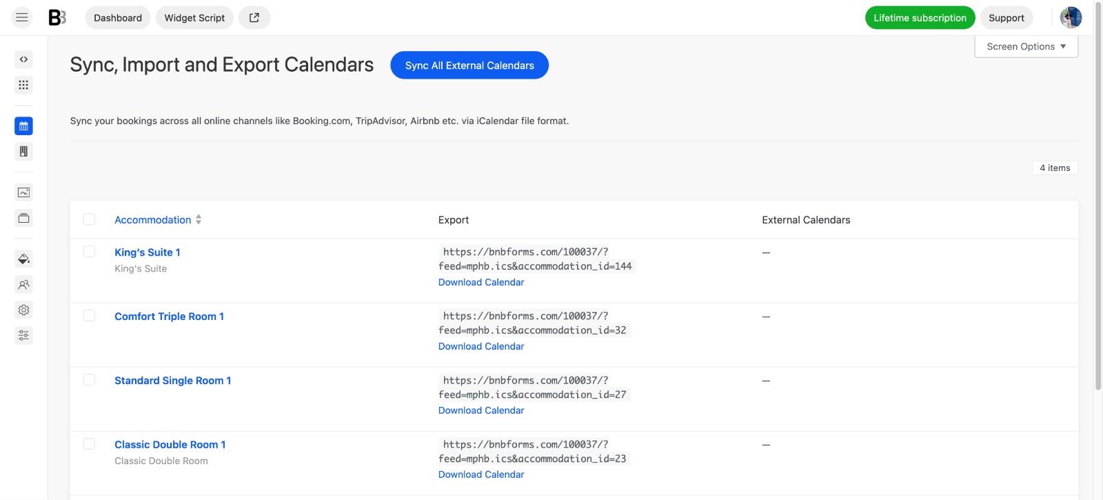 Sync calendars with external OTAs.