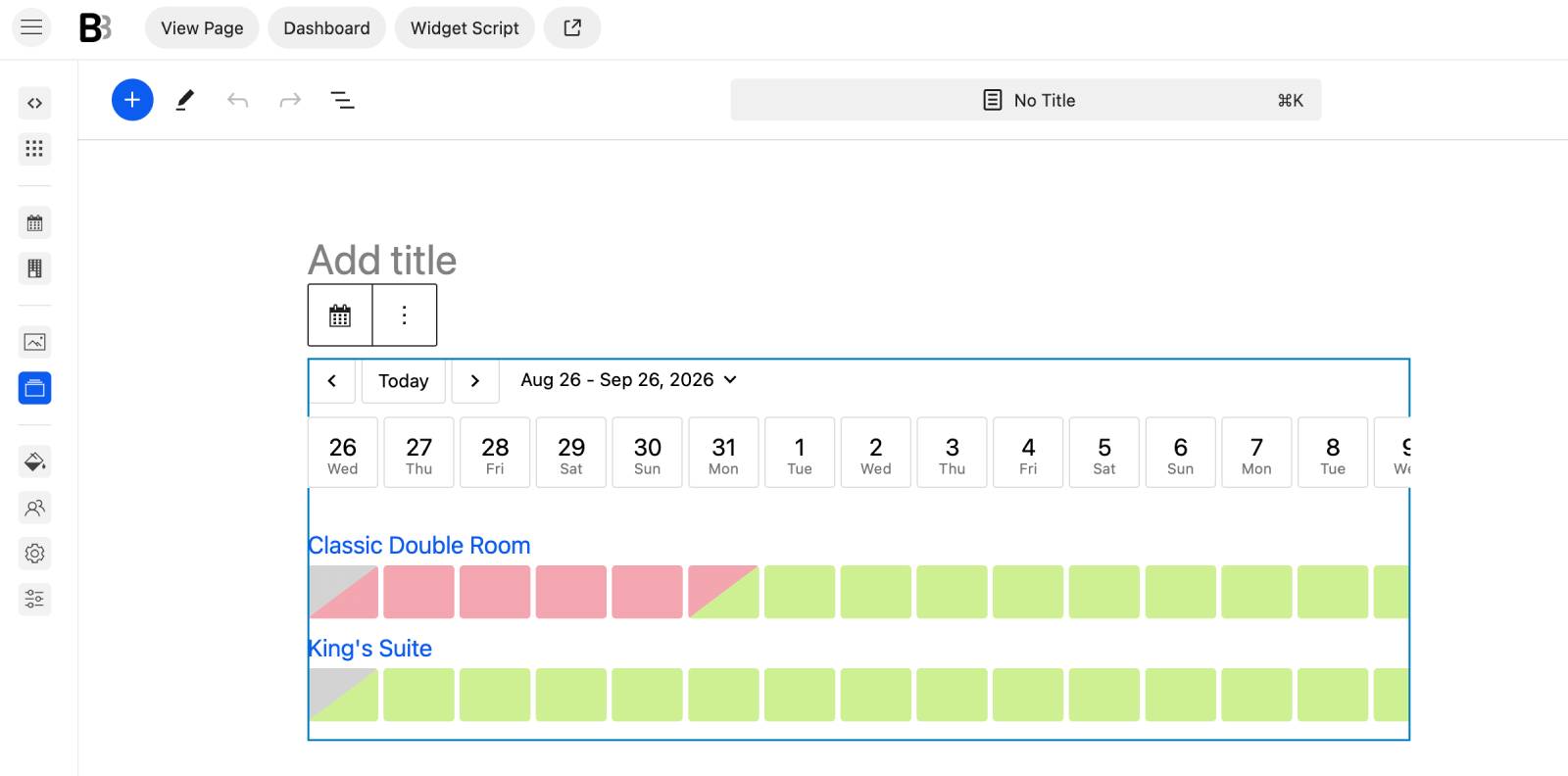 Color coding for multi property availability in BNBforms hotel booking software.