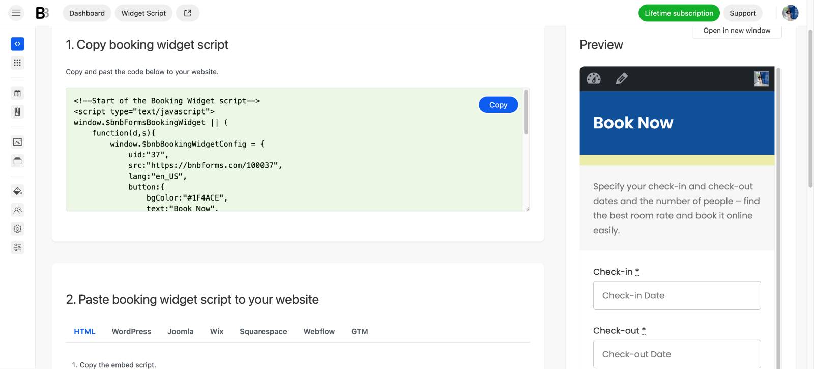 Booking widget in BNBForms for short term rentals.