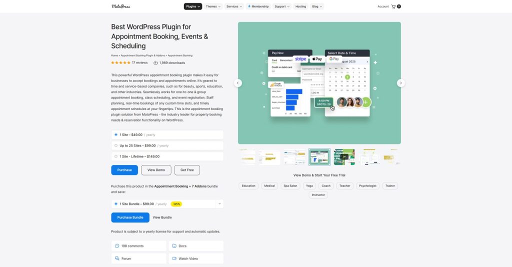 Graphic of MotoPress Appointment Booking, a feature-rich online scheduling solution for WordPress with a step-by-step booking wizard.