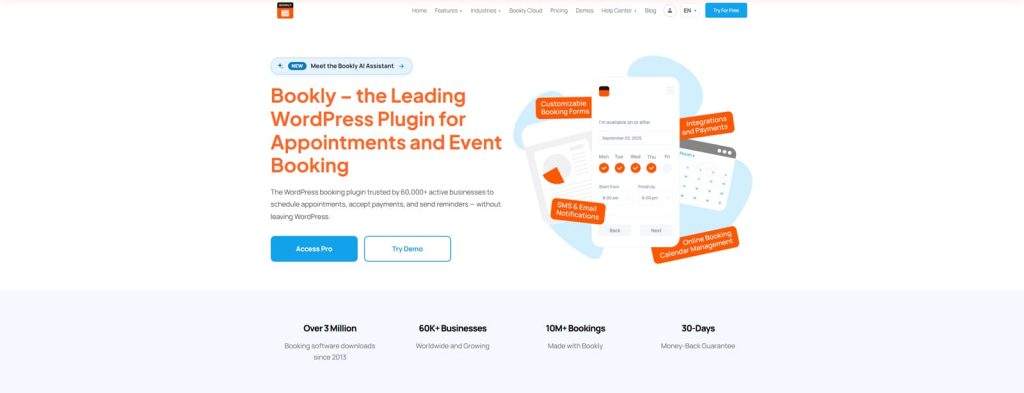 Graphic of Bookly, one of WordPress availability calendar plugins with a customizable booking form.