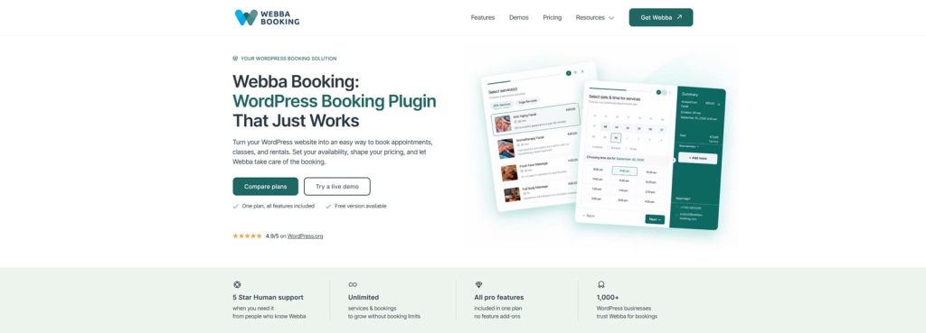 Visual of Webba Booking Calendar, a modern booking plugin for WordPress with unlimited service support.