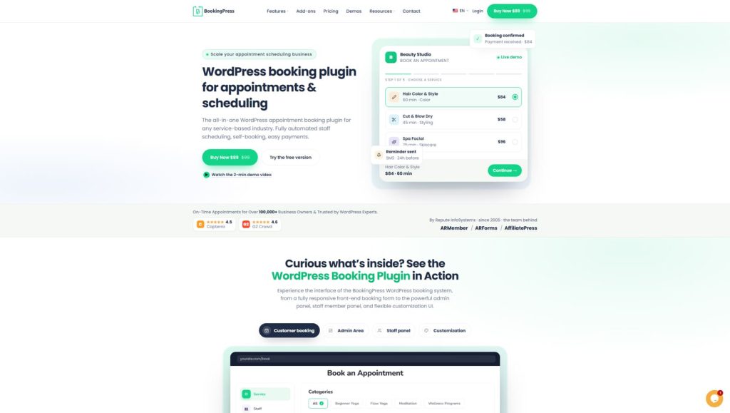Illustration of BookingPress, one of the best WordPress salon appointment booking plugin options with 24/7 appointment scheduling.