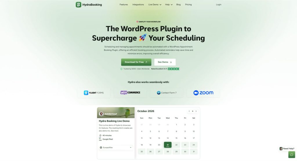 Portrait of Hydra Booking Calendar, one of the best WordPress salon appointment booking plugin options with list and calendar booking views.